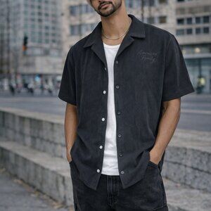 Black corduroy Short Sleeve Button-Up Shirt